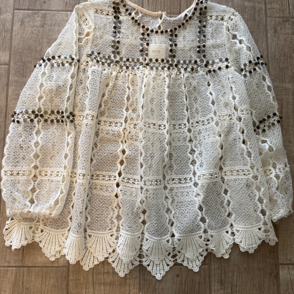 Maeve Anthropologie Ivory Lace Studded Peplum Blouse Medium Boho Scalloped Hem